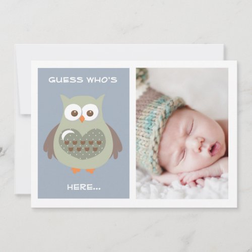 CUTE BLUE OWL BABY ANNOUNCEMENT PHOTO CARD