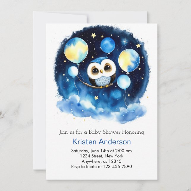 Cute Blue Owl Balloons Boy Baby Shower Invitation (Front)