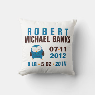 Cute Blue Owl Birth Announcement Throw Pillow