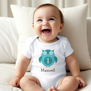 Cute Blue Owl Boy Name First Birthday Baby Bodysuit