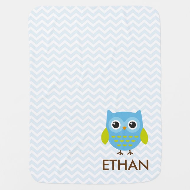 Cute Blue Owl Chevron Baby Blanket (Front)