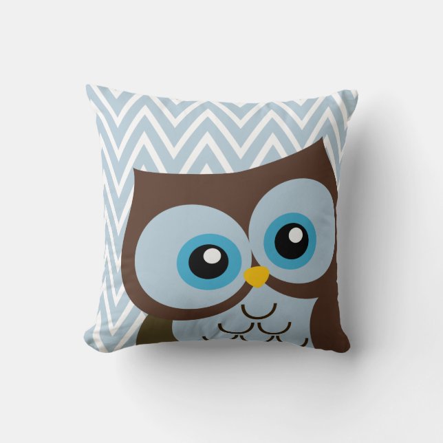 Cute Blue Owl Chevron Zigzag Throw Pillow (Front)