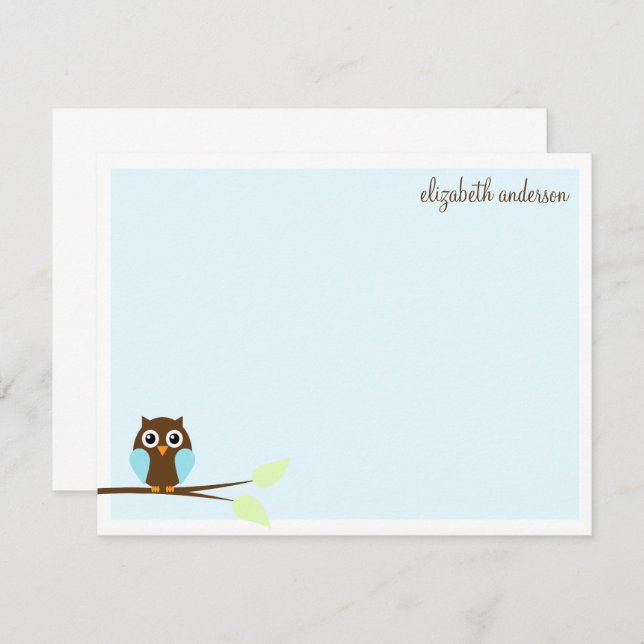 Cute Blue Owl Flat Thank You Notes Invitation (Front/Back)
