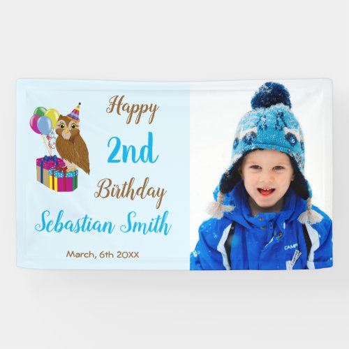 Cute Blue Owl Funny 2nd Birthday Party Welcome Banner