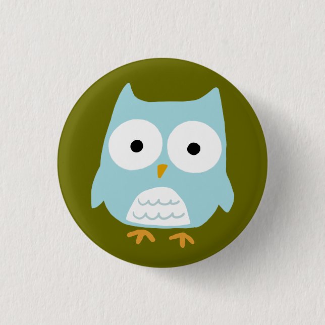 Cute Blue Owl Funny Whimsical Owl Character Button (Front)
