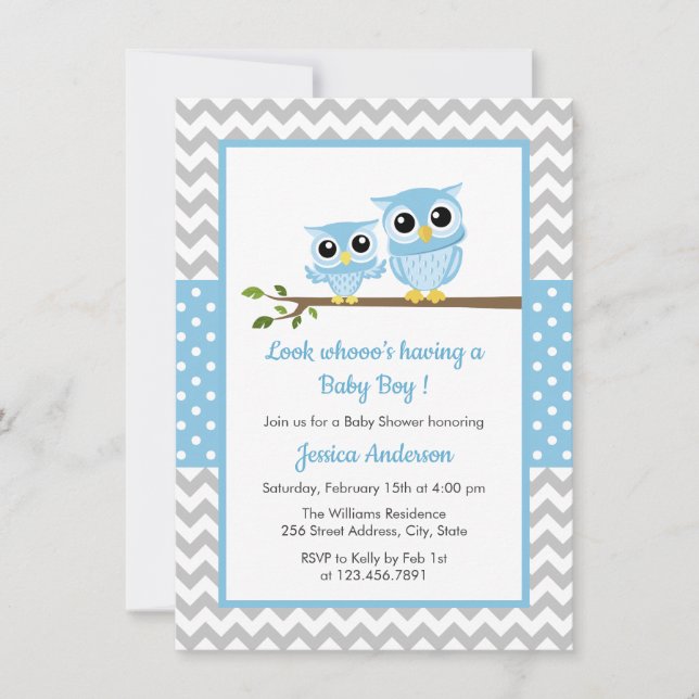 Cute Blue Owl Gray Chevron Boy Baby Shower Invitation (Front)