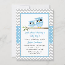 Cute Blue Owl Gray Chevron Boy Baby Shower Invitation