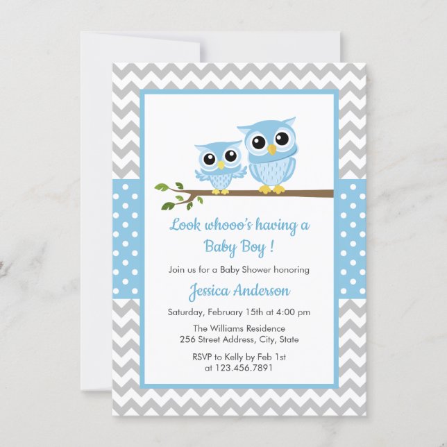 Cute Blue Owl Gray Chevron Boy Baby Shower Invitation (Front)