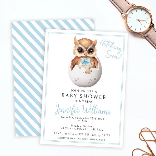 Cute blue owl hatching baby boy shower Invitation