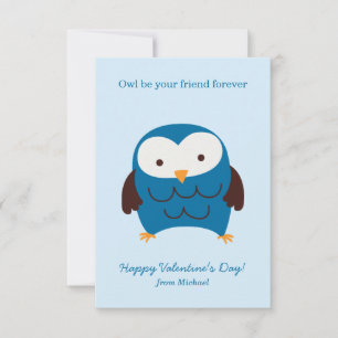 Cute Blue Owl Kids Valentines Day Cards