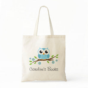 Cute blue owl on branch personalized library book tote bag