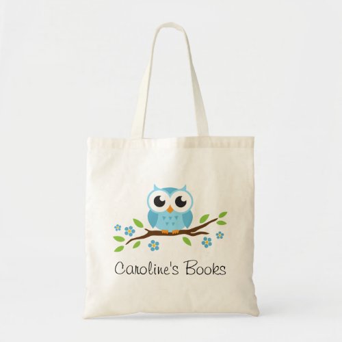 Cute blue owl on branch personalized library book tote bag