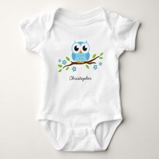 Cute blue owl on floral branch personalized name baby bodysuit