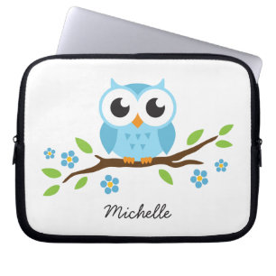 Cute blue owl on floral branch personalized name laptop sleeve