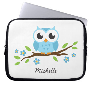 Cute blue owl on floral branch personalized name laptop sleeve