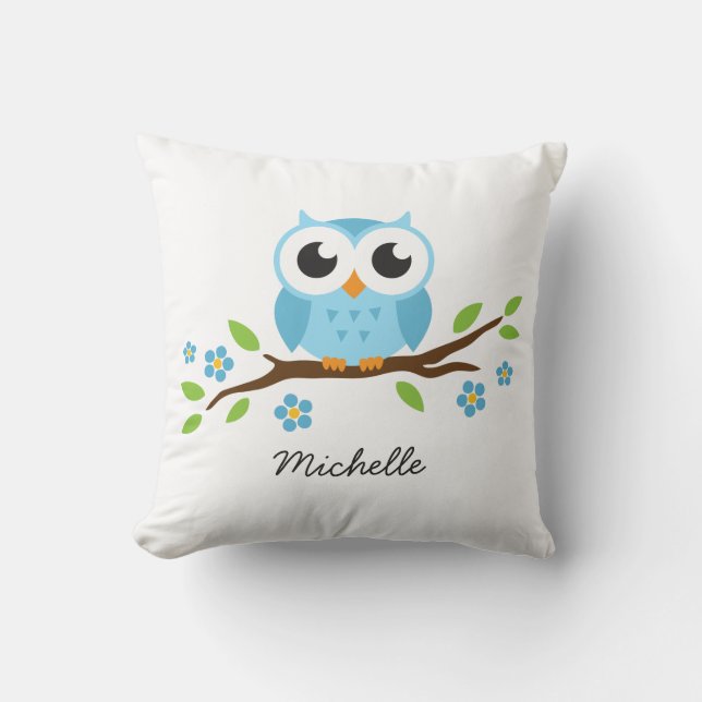 Cute blue owl on floral branch personalized name throw pillow (Front)