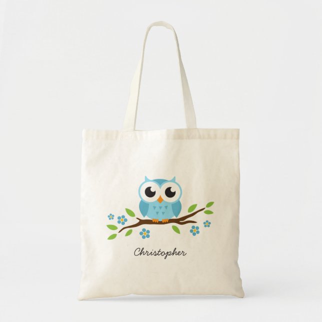 Cute blue owl on floral branch personalized name tote bag (Front)