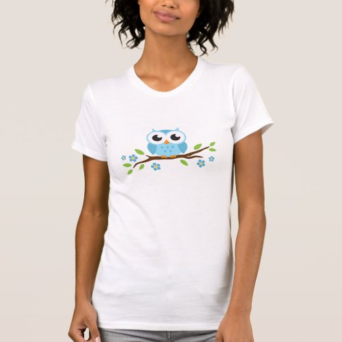 Cute blue owl on floral branch T_Shirt