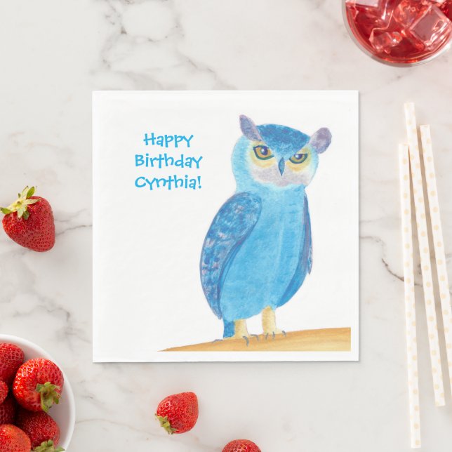 Cute Blue Owl, Personalized Birthday Napkins (Insitu)