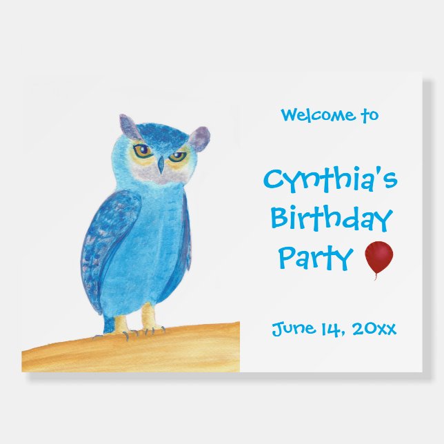 Cute Blue Owl Personalized Birthday Signs (Front)