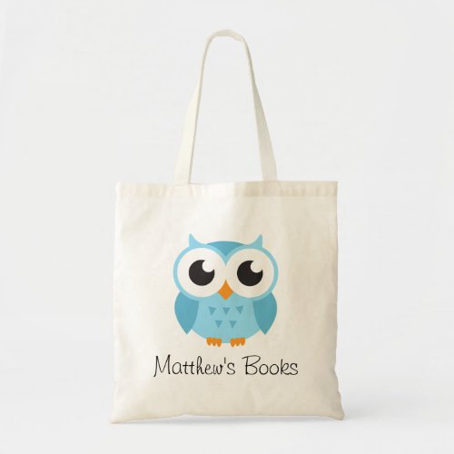 Cute blue owl personalized library book tote bag