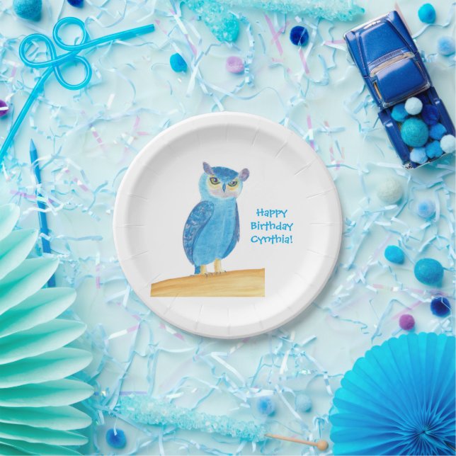 Cute Blue Owl Personalized Paper Plates, Birthday Plates (Party)