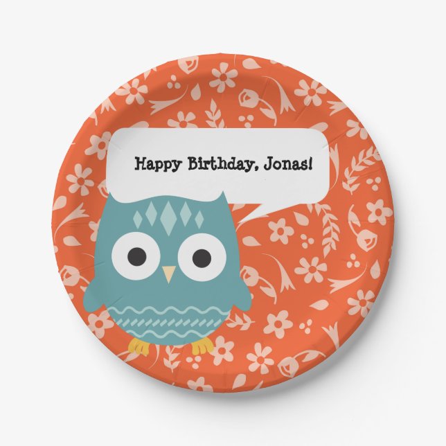 Cute Blue Owl Personalized Party Plates (Front)