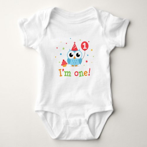 Cute blue owl with balloon and cupcake I am one Baby Bodysuit