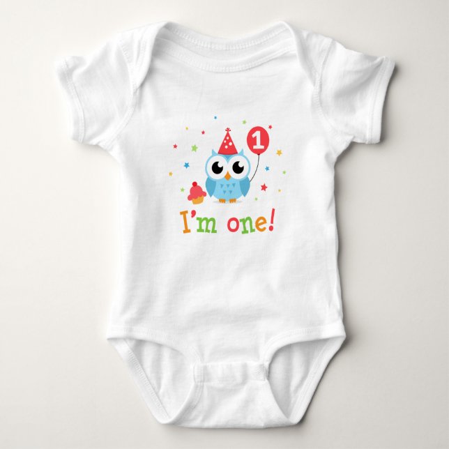 Cute, blue owl with balloon and cupcake I am one Baby Bodysuit (Front)