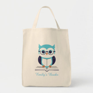 Cute blue owl with book personalized library book tote bag