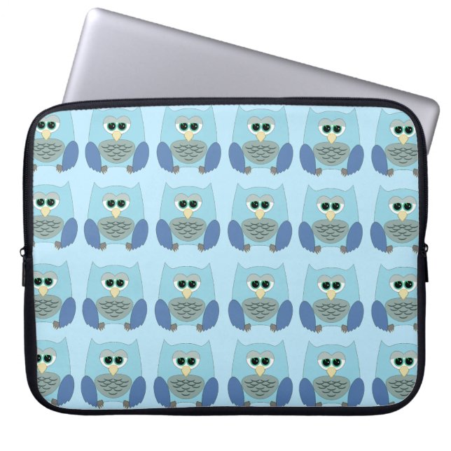 Cute Blue Owls Pattern Laptop Sleeve (Front)