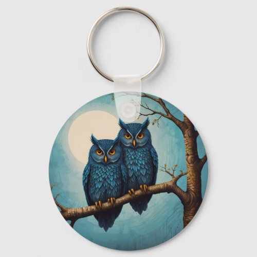 Cute blue Pair of Owls sitting on a branch  Keychain