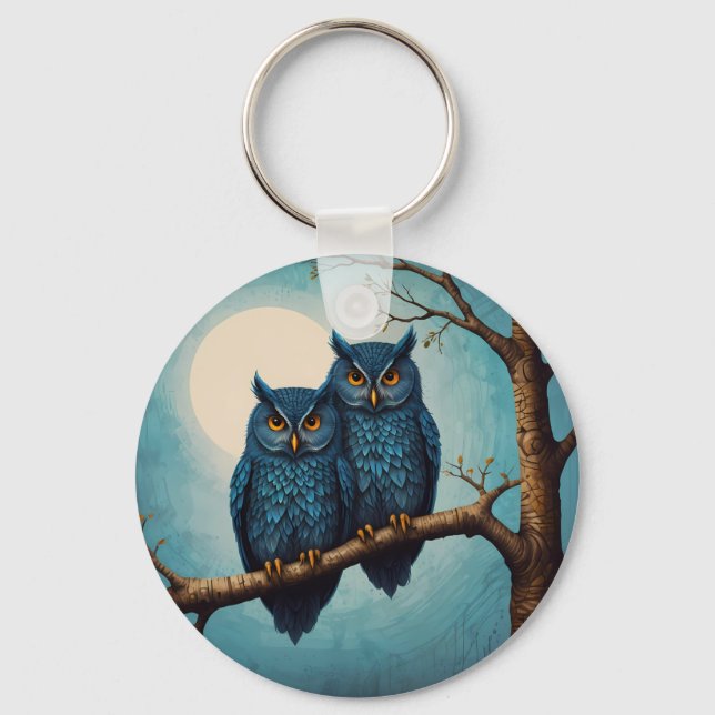 Cute blue Pair of Owls sitting on a branch  Keychain (Front)