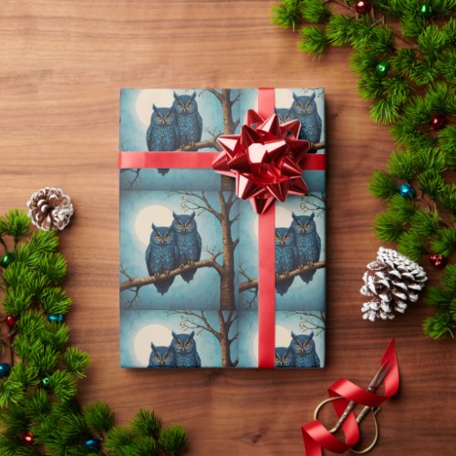 Cute blue Pair of Owls sitting on a branch  Wrapping Paper