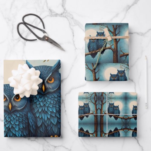 Cute blue Pair of Owls sitting on a branch  Wrapping Paper Sheets