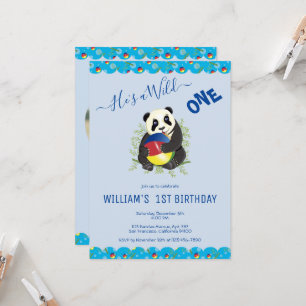 Cute Blue Panda Bear Wild One 1st Birthday Photo I Invitation