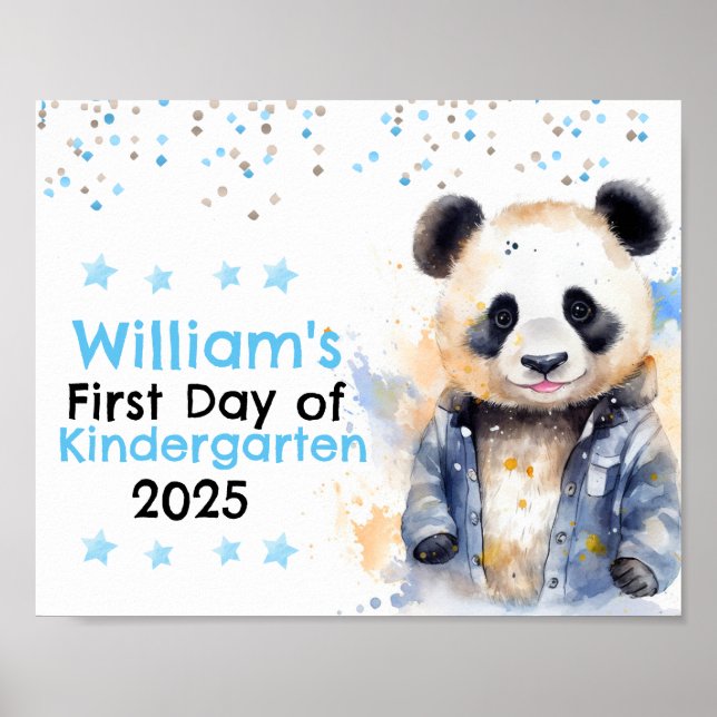 Cute Blue Panda First Day of School Chalkboard Poster (Front)