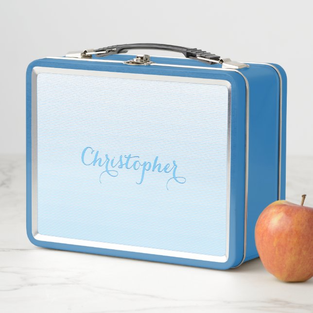 Cute Blue Pattern Monogrammed Boys Kids School Metal Lunch Box (In Situ)