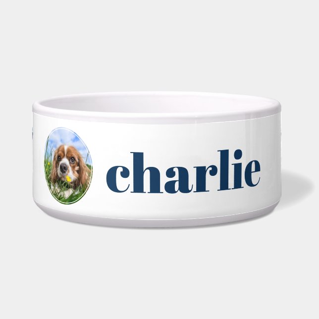 Cute Blue Paw Prints Personalized Dog Photo Bowl (Front)