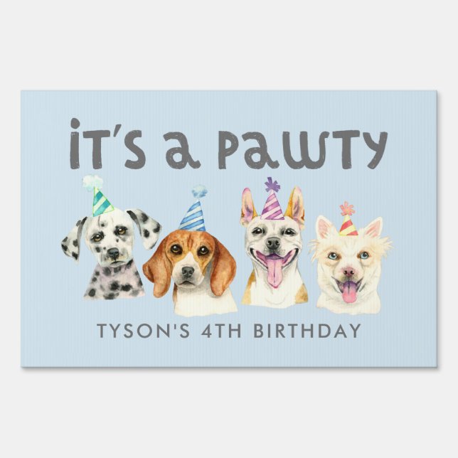 Cute Blue Pawty Dogs Birthday Party Sign (Front)