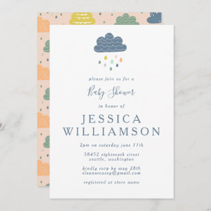 Cute Blue Peach Raindrops Boy Baby Shower Invitation