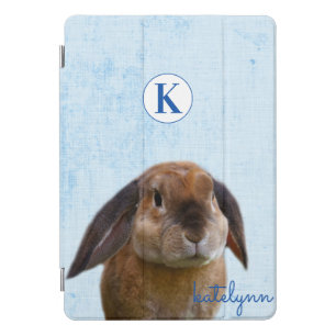 Cute Blue Peek-a-Boo Bunny Photograph Monogrammed iPad Pro Cover