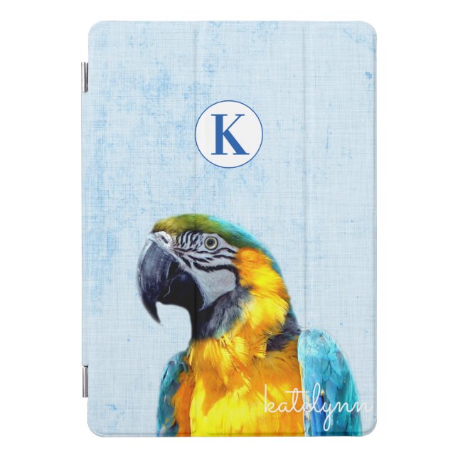 Cute Blue Peek-a-Boo Parrot Photograph Monogram iPad Pro Cover (Front)