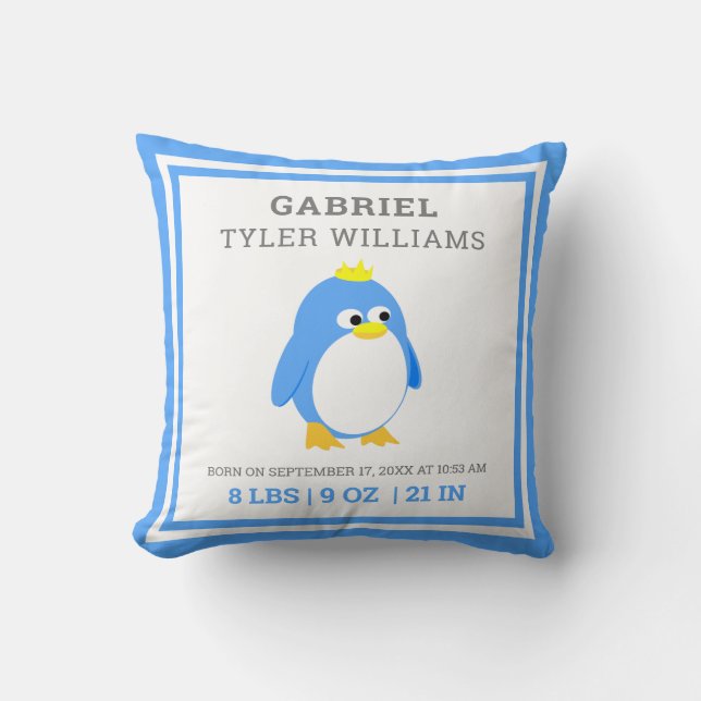 Cute Blue Penguin Baby Boy Birth Stats Throw Pillow (Front)