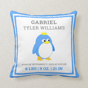 Cute Blue Penguin Baby Boy Birth Stats Throw Pillow
