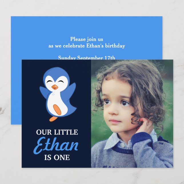 Cute Blue Penguin Baby Boy First Birthday Party Invitation (Front/Back)