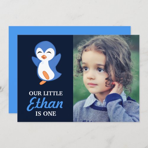 Cute Blue Penguin Baby Boy First Birthday Party Invitation