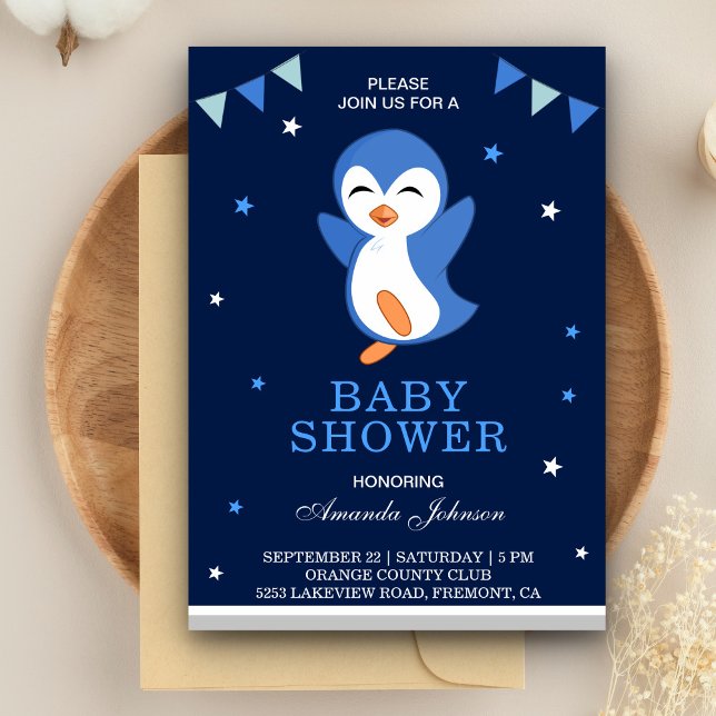 Cute Blue Penguin Baby Shower Invitation (Creator Uploaded)