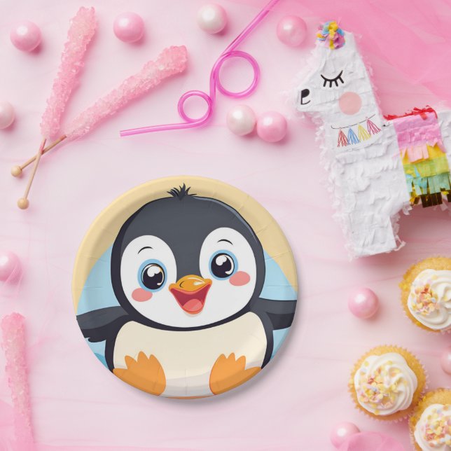 Cute blue penguin Face zoo ice Birthday Party Paper Plates (Party)