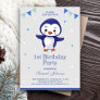 Cute Blue Penguin First 1st Birthday Party Invitation
